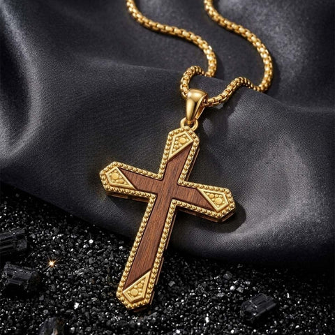 14K Gold Plated Wooden Cross Pendant Necklace Christian Catholic Jewelry Religious Gift