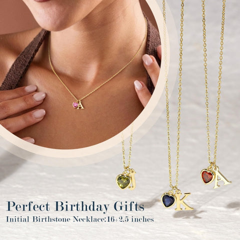 14K Gold Plated Initial A-Z Heart Birthstone Letter Necklace