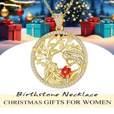 14K Gold Plated Birthstone Tree of Life Mother Child Necklace for Women