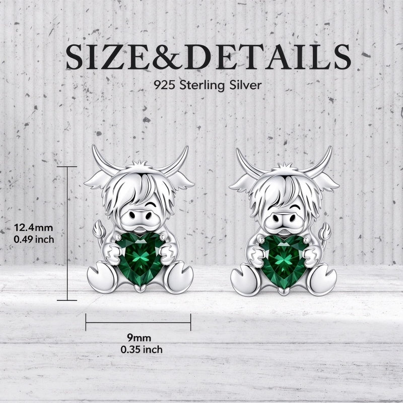 Sterling Silver 12 Month Birthstone Highland Cow Stud Earrings Christmas Gift