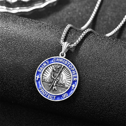 Sterling Silver Saint Michael Saint Christopher Amulet Pendant Necklace for Men