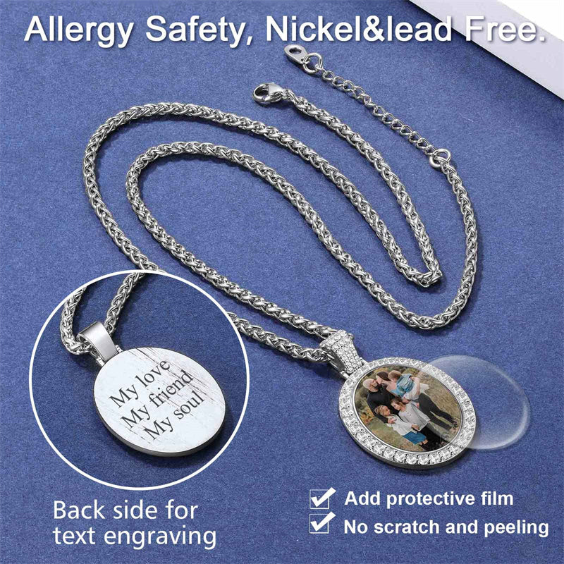 Copper Cubic Zirconia Oval Personalized Photo Engraved Pendant Necklace