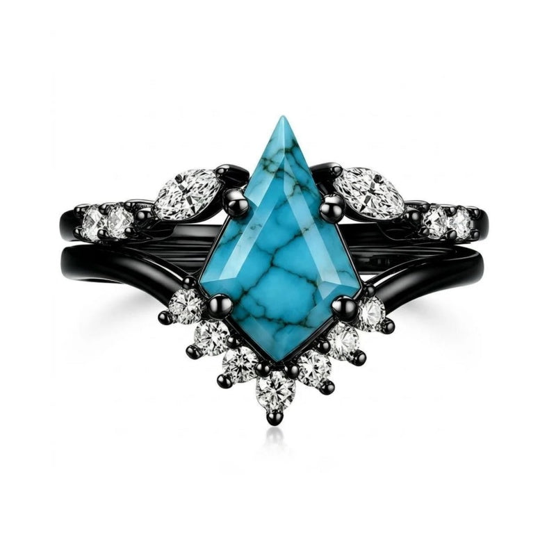 Sterling Silver Personalized Engraved 1-3CT Turquoise Engagement  Wedding Promise Ring Set for Her