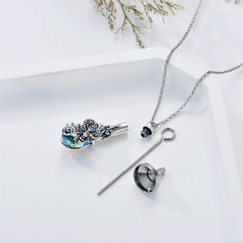Sterling Silver  Teardrop Crystal Bee Urn Necklace For Ashes