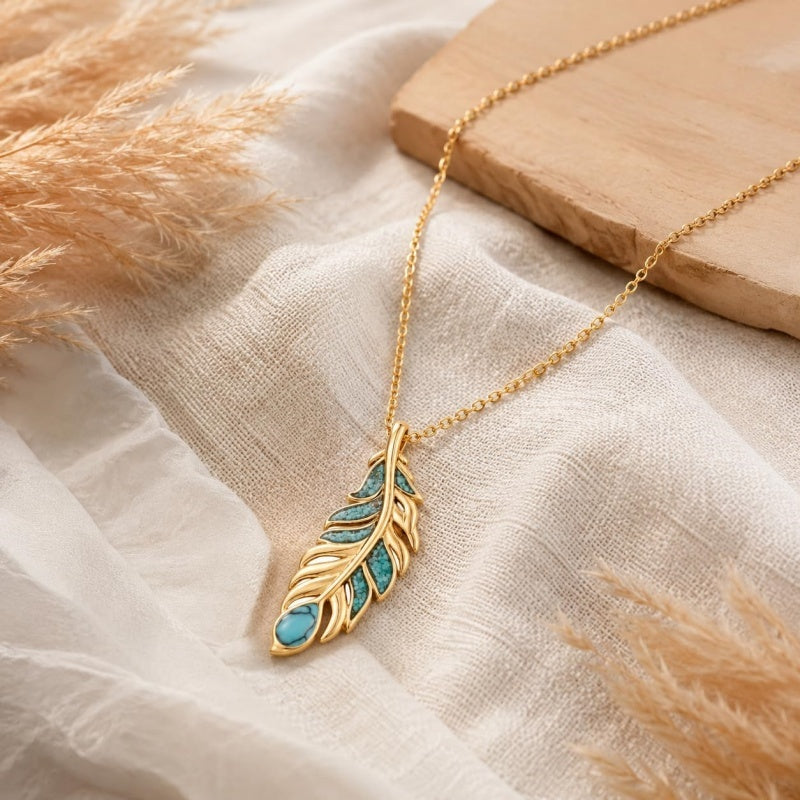 14K Gold Plated Feather Pendant Necklace for Women