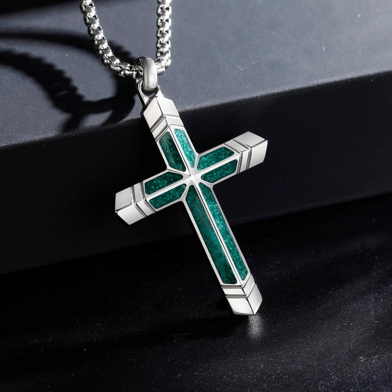 14K Gold Plated Turquoise Malachite Cross Necklace for Men Christianity Cross Jewelry
