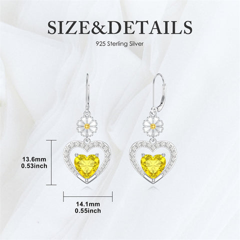Sterling Silver Heart Cubic Zirconia Sunflower Rose Daisy Lily Lotus Hibiscus Dangle Earrings