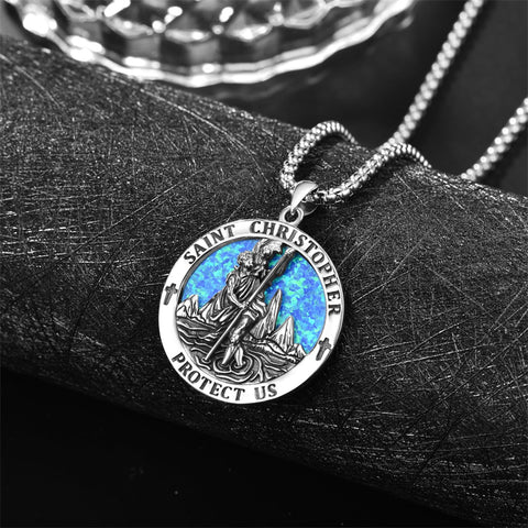 Sterling Silver Saint Michael Saint Christopher Amulet Pendant Necklace for Men