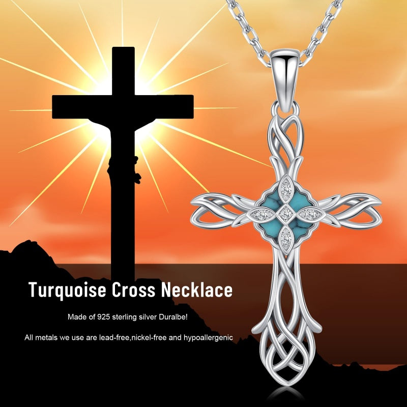 14K Gold Plated Turquoise Cross Pendant Necklace Western Jewelry for Women