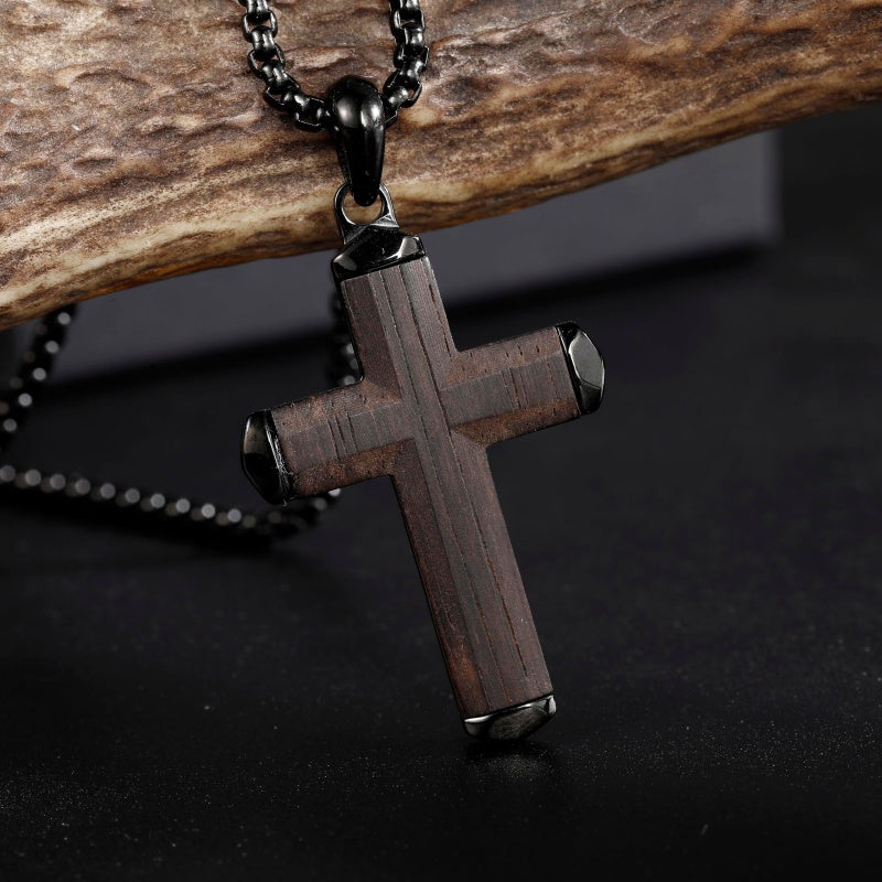 14K Gold Plated Wooden Abalone Shell Cross Pendant Necklacefor Men