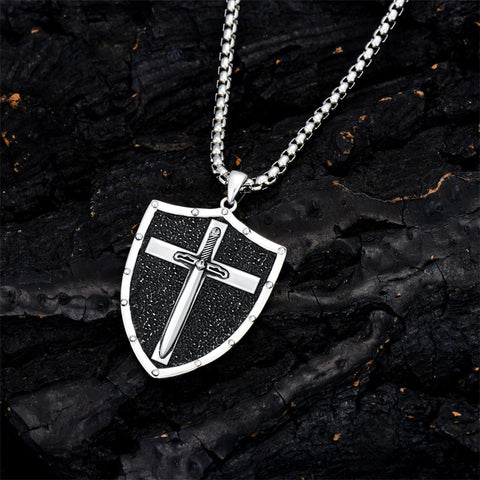 Sterling Silver Knights Templar & Cross Shield Pendant Necklace for Men