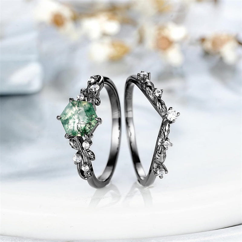 Sterling Silver 10K 14K 18K Gold Vintage Nature Moss Agate Engagement Ring Sets for Women