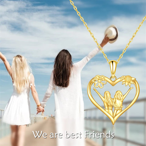 14K Yellow Gold Heart Sister Pendant Necklace