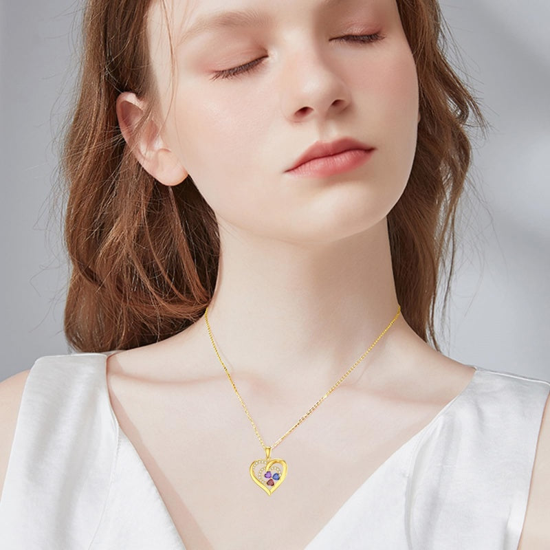 10K 14K 18K Solid Gold Personalized Engraved 1-4 Birthstone Heart Necklaces for Women