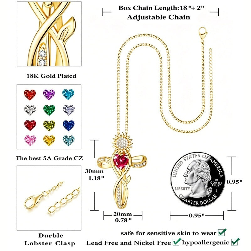 14K  Gold Plated 12 Color Birthstone Sunflower Cross Pendant  Necklace for Women Faith Cross Jewelry