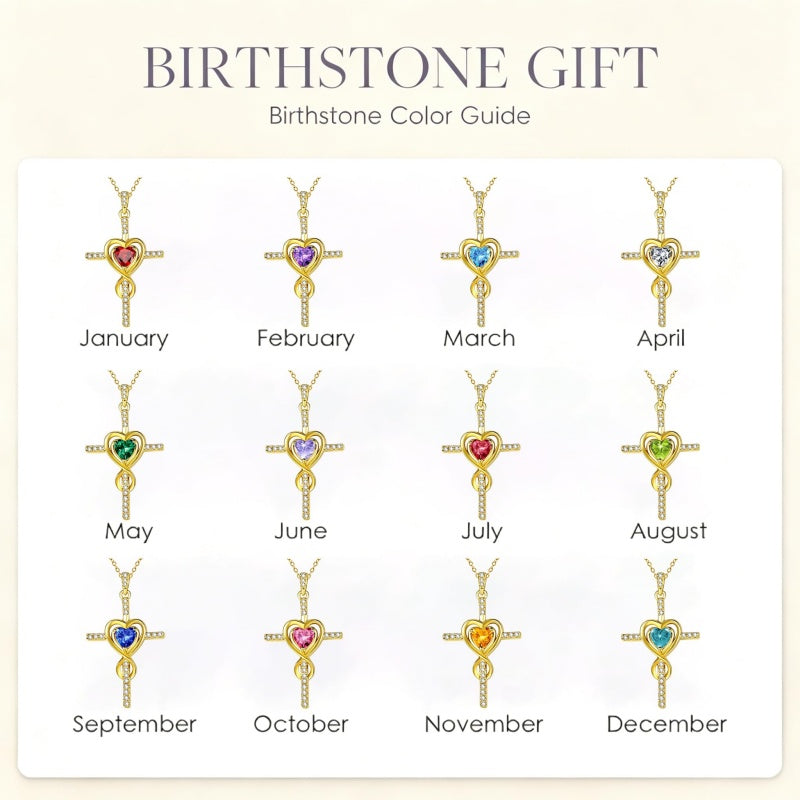14K Gold Plated Dainty Heart Birthstone Pendant Cross Necklace for Women Religious Gift