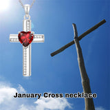 Sterling Silver 12 Birthstones Cross Religious Necklace for Women