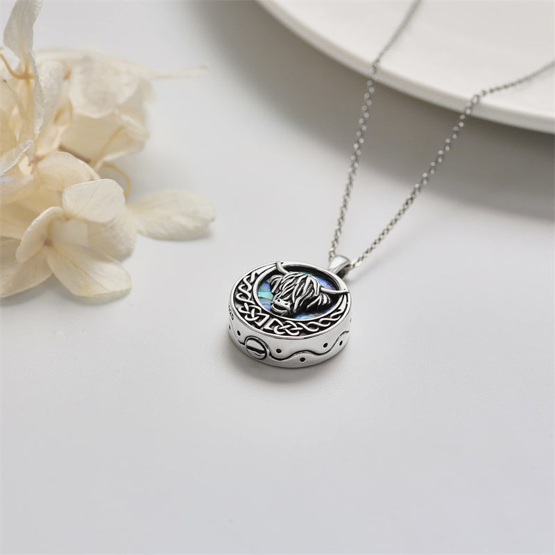 Highland Cow Urn Necklace for Ash 925 Sterling Silver Abalone Shell Cremation Jewelry for Ashes Memory Jewelry for Women Men