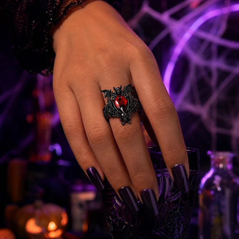 Sterling Silver  10K 14K 18K Gold Pear Shaped Birthstone Halloween Skull Bat Ring Wedding Ring  Punk Rock Jewelry
