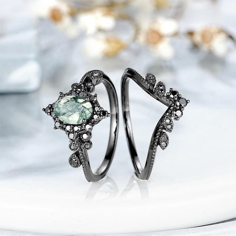 Sterling Silver 2CT Moss Agate  Engagement Wedding Ring Sets for Women