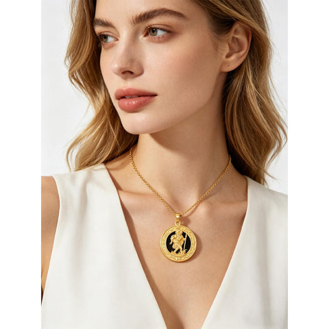 14K Gold Plated Black Onyx Patron Saint Medal Religious Amulet Pendant Necklace for Men