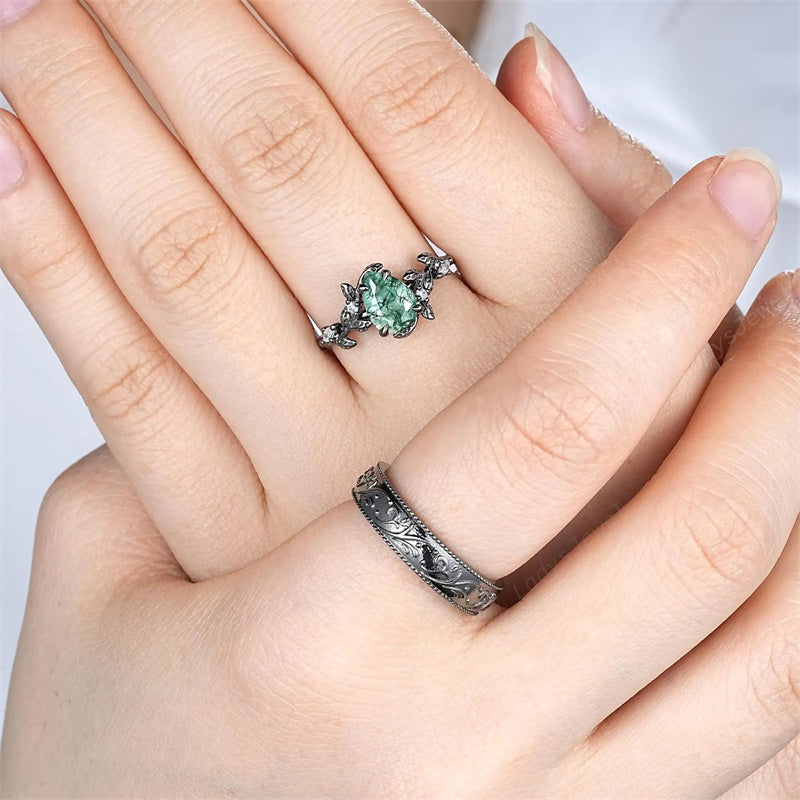 Sterling Silver 10K 14K 18K Gold Natural Leaf  Moss Agate Engagement Anniversary Couple Ring Sets