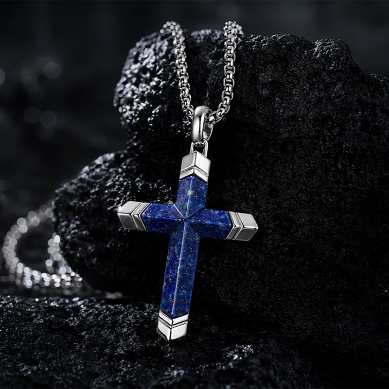 14K Gold Plated Turquoise Lapis Lazuli Cross Necklace for Men with Adjustable Chain