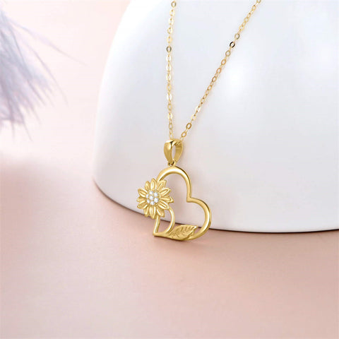 14K Gold Sunflower Heart Pendant Necklace