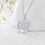 Sterling Silver Pagan Wiccan  Pentagram Triple Moon Pendant Necklace