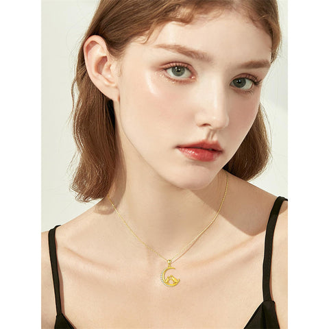 14K Gold Moon Cat Dog Rabbit Pendant Necklace