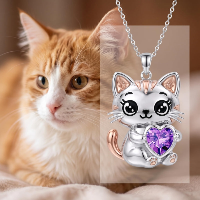 Sterling Silver 12 Month Birthstone Cat Pendant Necklace Birthstone Jewelry Gifts for Birthday