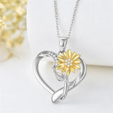 Sterling Silver Heart Natural Diamond Sunflower Pendant Necklace