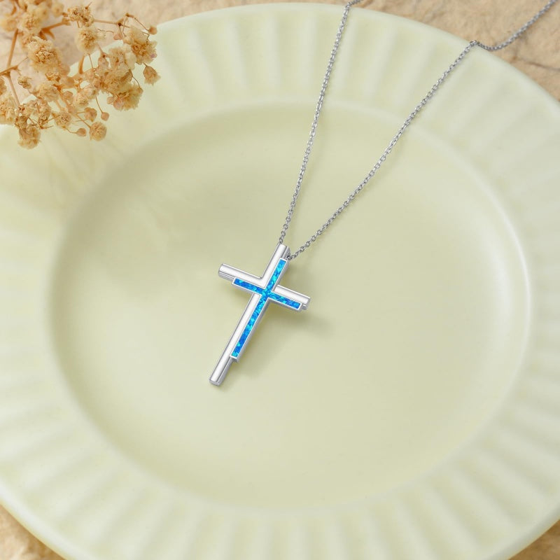Sterling Silver Opal Cross Pendant Necklace  for Women