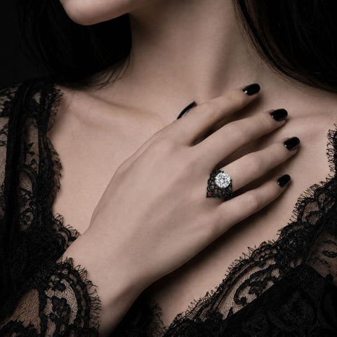 Sterling Silver 10K 14K 18K Gold Moissanite Gothic Black  Engagement Wedding Ring  for Women