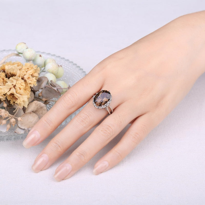 14K Gold Plated  Oval Shape 3.7CT Genuine Smoky Quartz Cocktail Rings for Her