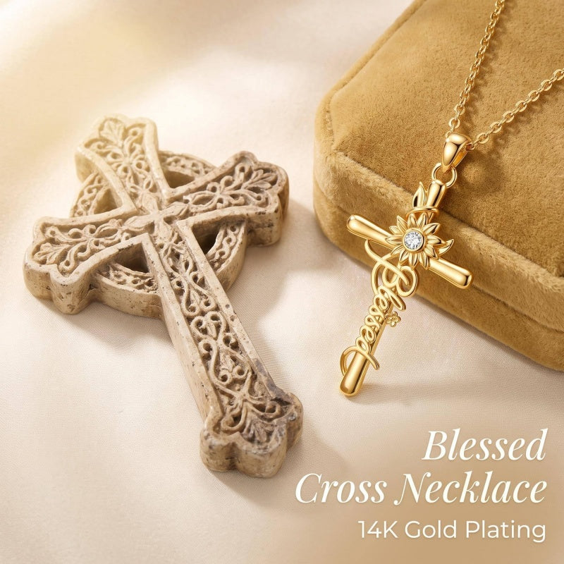 14K Gold Plated Faith Cross Pendant Necklace Religious Gifts for Women