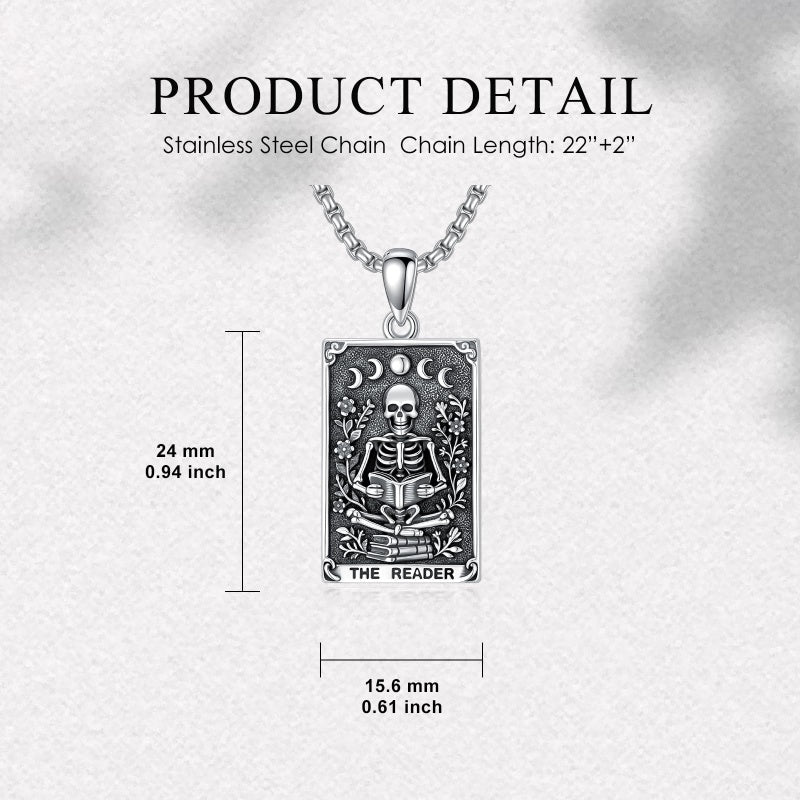 Sterling Silver Tarot Card Pendant  Necklace for Men Gothic Amulet Jewelry