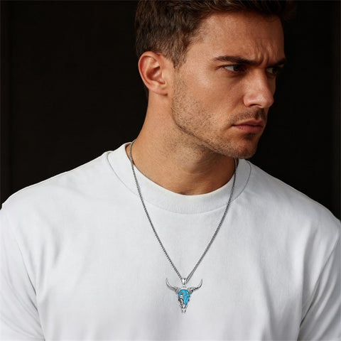 Sterling Silver Turquoise Cow Skull Pendant Necklace