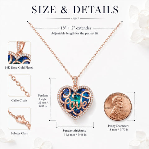 14K Gold Plated LOVE Heart Crystal Blue Pendant Necklace for Women