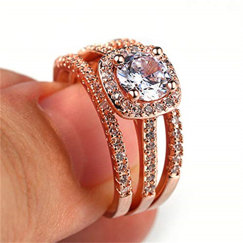 Copper Cubic Zirconia Three-in-One Halo Engagement Wedding Band Ring Set