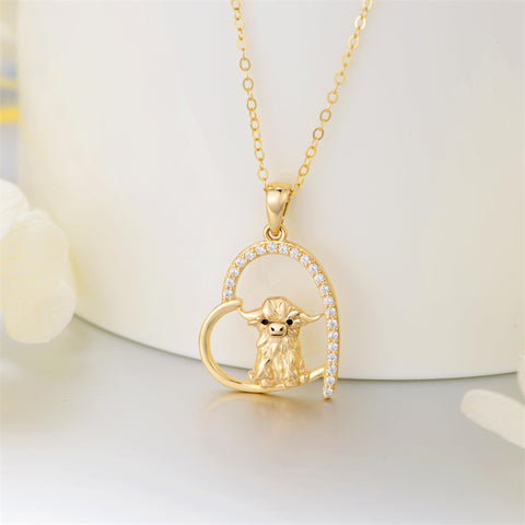 14K Gold Heart Highland Cow Pendant Necklace