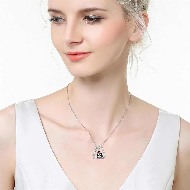 Sterling Silver Cubic Zircon Mother Daughter Mama Bear Giraffe Elephants Otters Penguins Heart Pendant Necklace