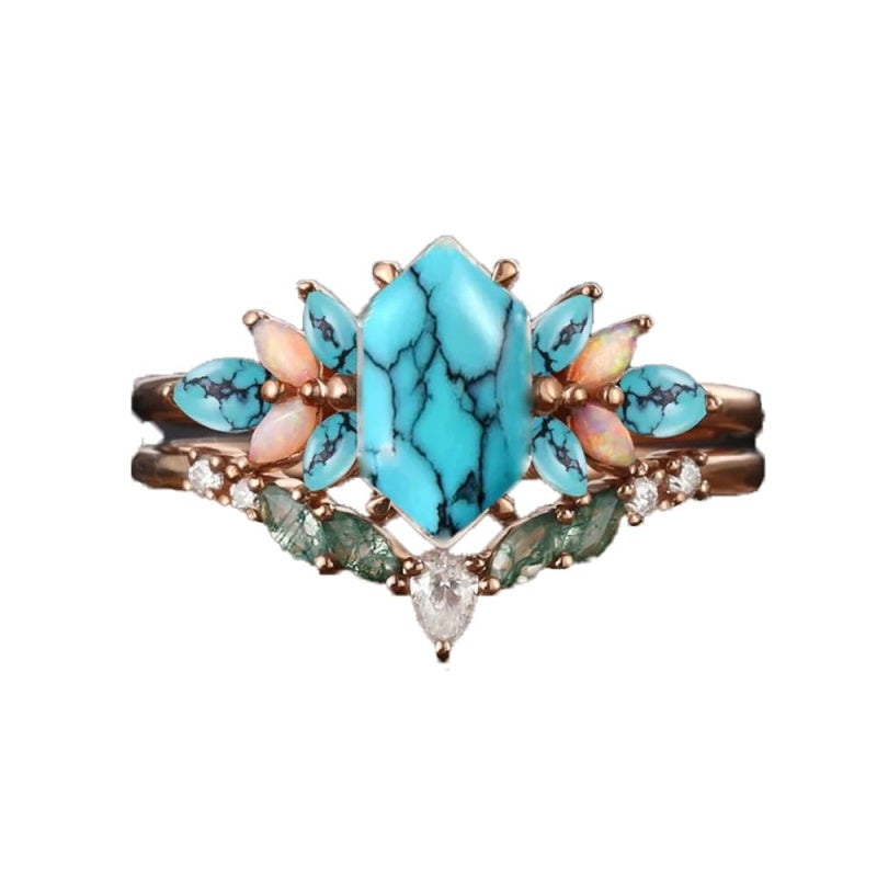 Sterling Silver 10K 14K 18K Gold Turquoise Engagement  Wedding Ring Set for Women