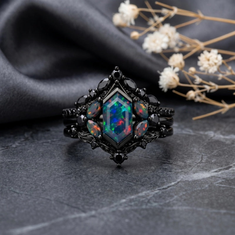 Sterling Silver 10K  14K  18K  Gold Personalized Engraved Black Opal Engagement Wedding Promise Ring for Her