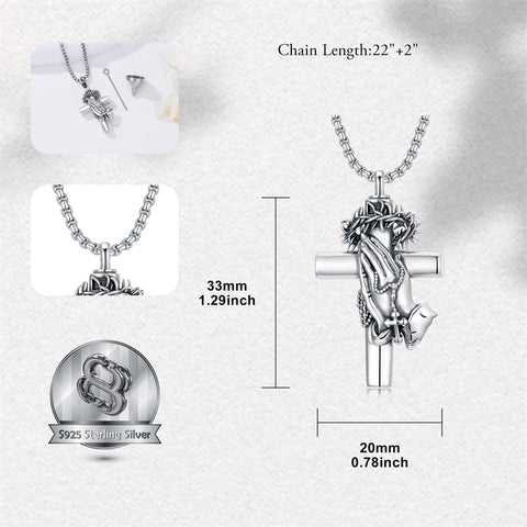 Sterling Silver Crown of Thorns Serenity Prayer Cross Urn Necklace for Ashes