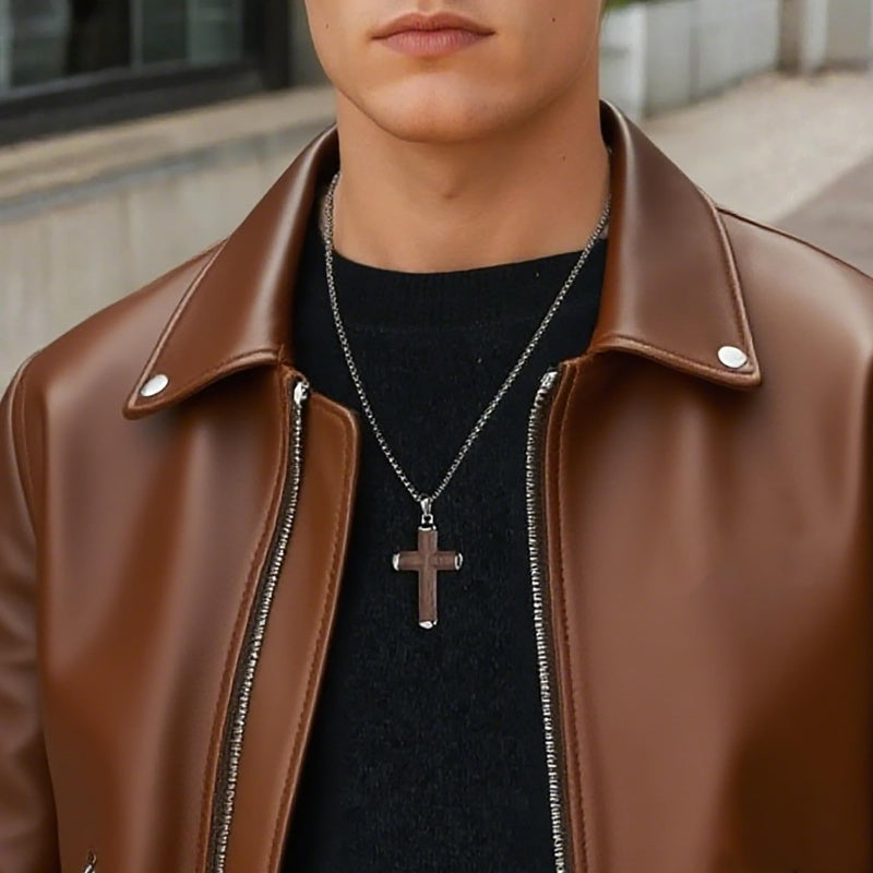 14K Gold Plated Wooden Abalone Shell Cross Pendant Necklacefor Men