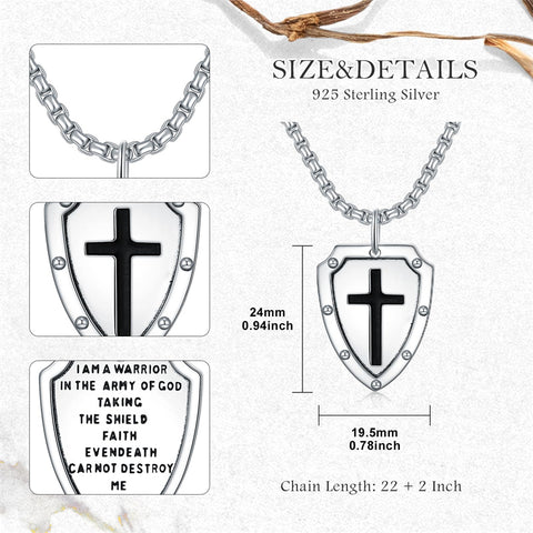 Sterling Silver Knights Templar & Cross Shield Pendant Necklace for Men