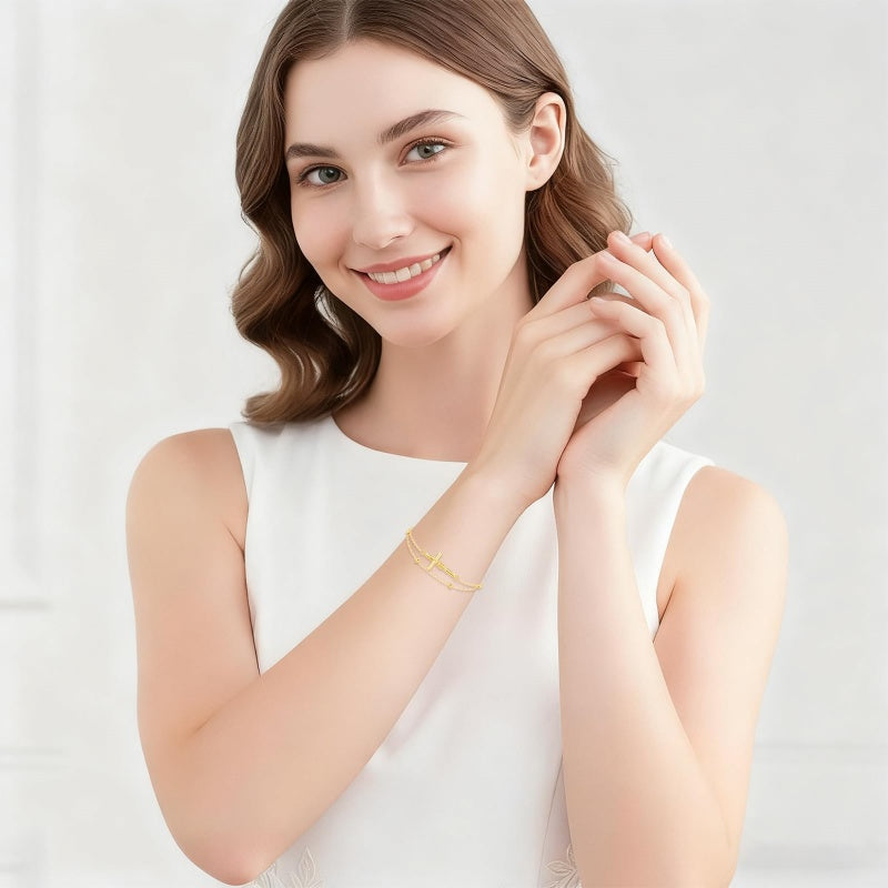 14K Gold Plated  Faith Cross Religious  Double Layered Anklet