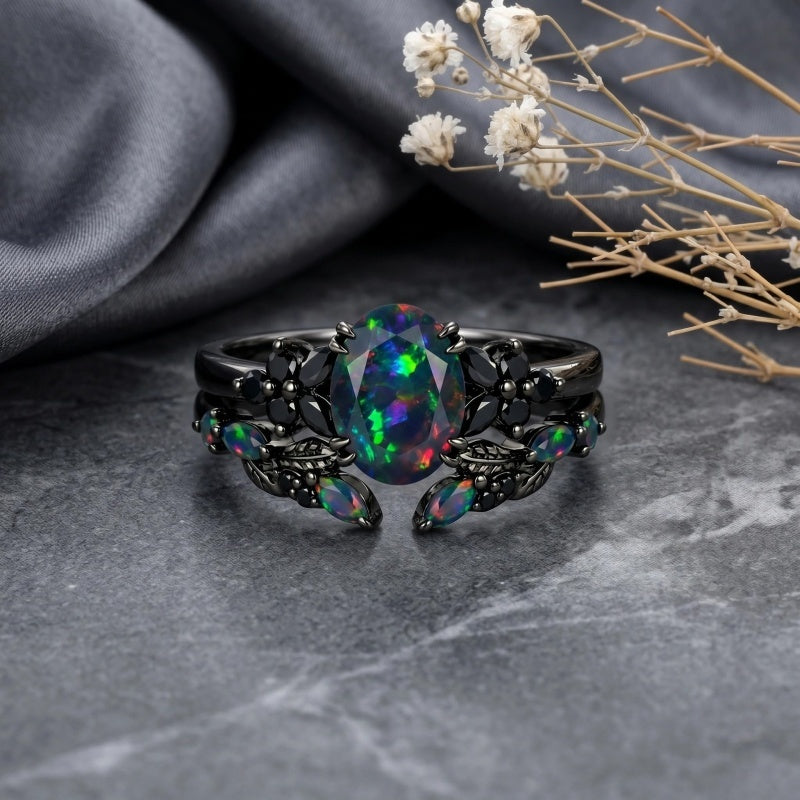 Sterling Silver 10K  14K  18K  Gold Personalized Engraved Black Opal Engagement Wedding Promise Ring for Her