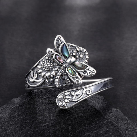 Sterling Silver Dragonfly Ring Butterfly Ring Hummingbird Spoon Ring Oxidized Animal Adjustable Ring for Women